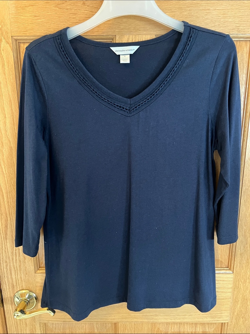 Christopher & Banks Navy Braided Trim V-Neck 3/4 Sleeve Tee